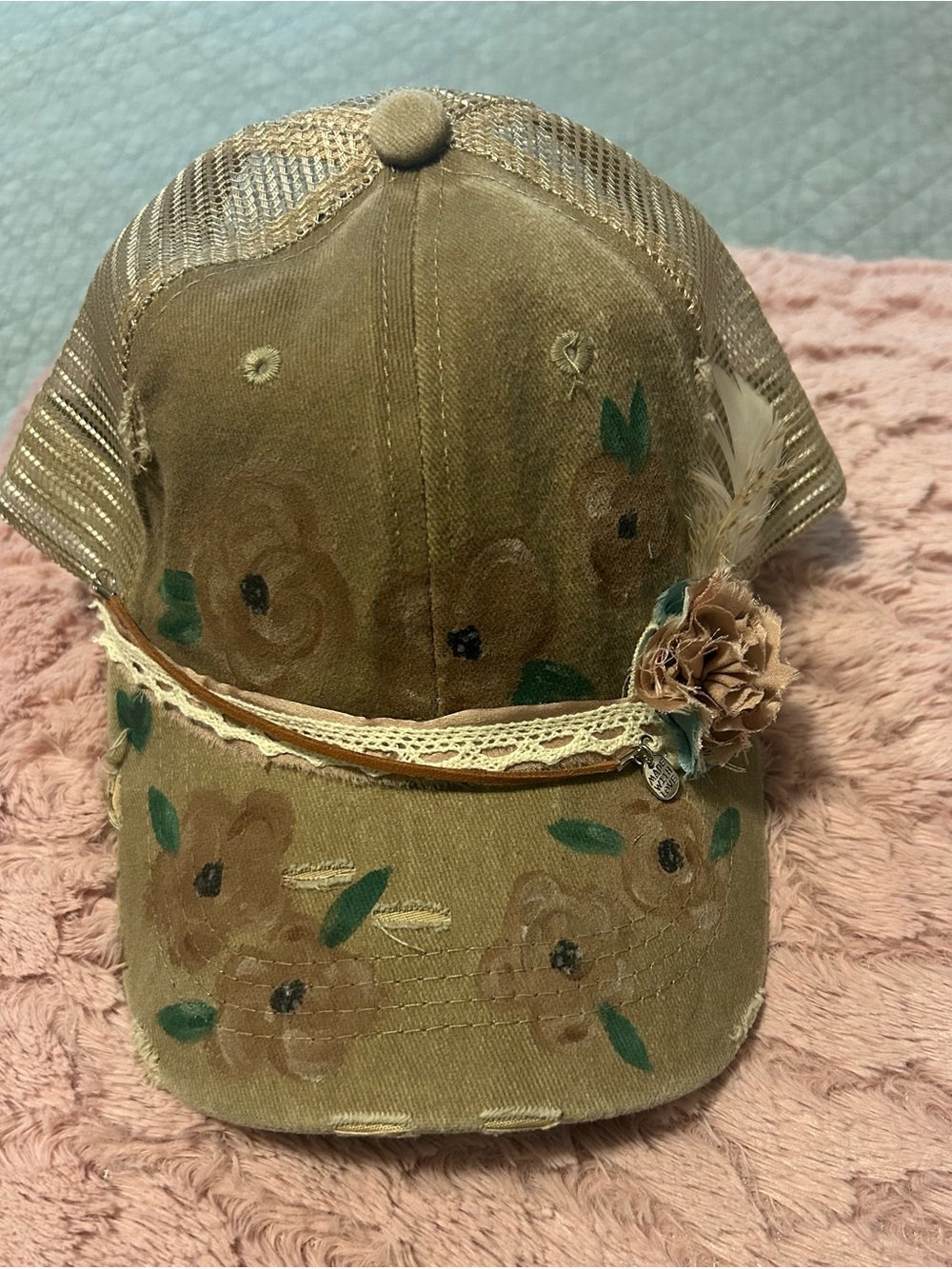 Custom Designed  Tan Trucker Hat with Lace Trim